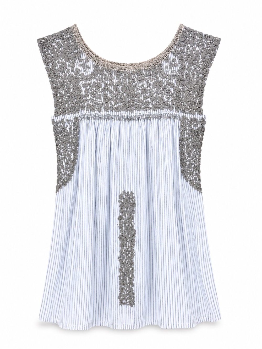 Mi Golondrina Sleeveless Embroidered Blouse in Blue White Stripe and Gray XS